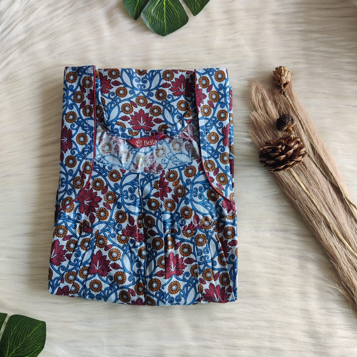 Maroon Leaf Printed Blue Premium Cotton Pleated Zip Nighty | Free Size | Chest Width 44″| Length 54″-55″