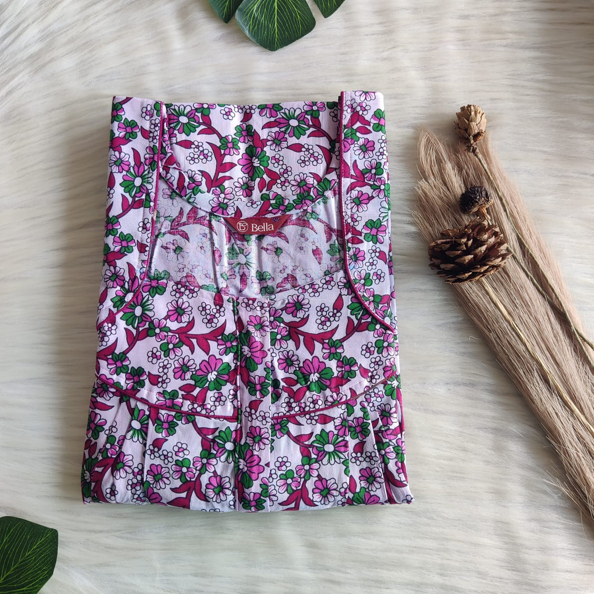 Green Floral Printed Pastel Pink Premium Cotton Pleated Zip Nighty | Free Size | Chest Width 44″| Length 54″-55″