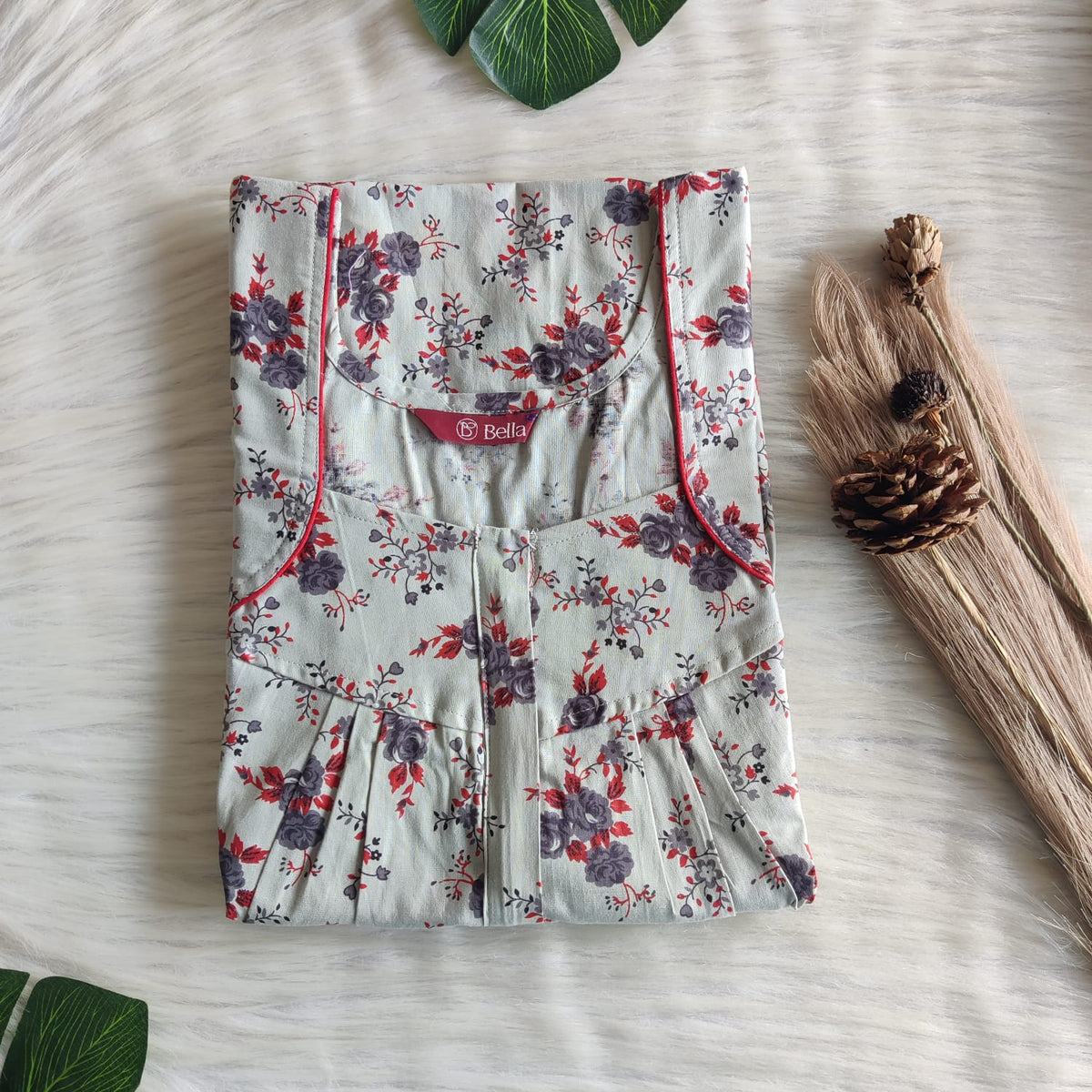 Grey Floral Printed  Premium Cotton Pleated Zip Nighty | Free Size | Chest Width 44″| Length 54″-55″