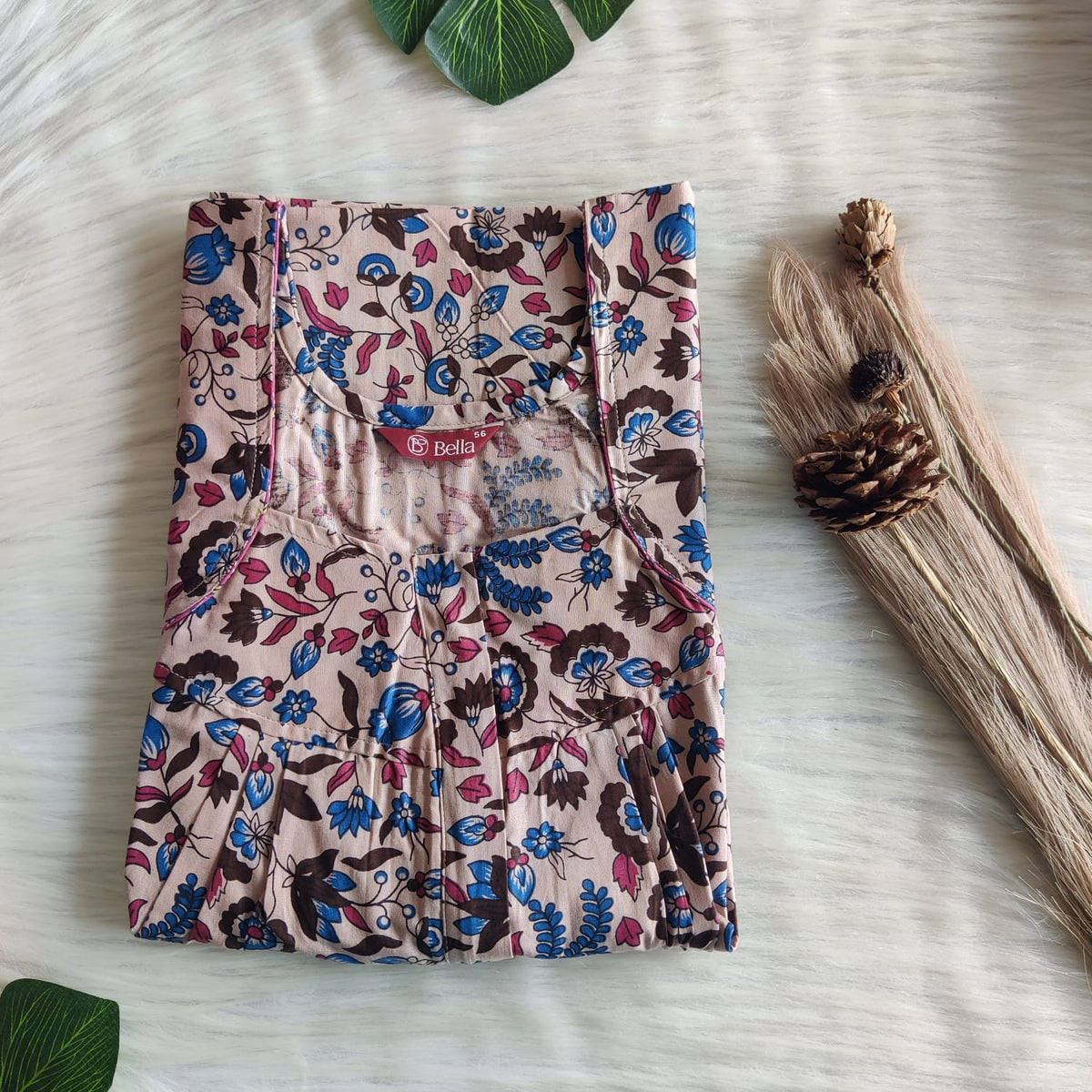 Blue Floral Printed Pastel Brown Premium Cotton Pleated Zip Nighty | Free Size | Chest Width 44″| Length 54″-55″