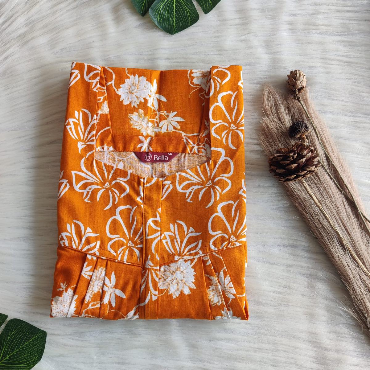 Orange And White Floral Printed Premium Cotton Square Neck Pleated Nighty | Free Size | Chest Width 44″| Length 55″-56″
