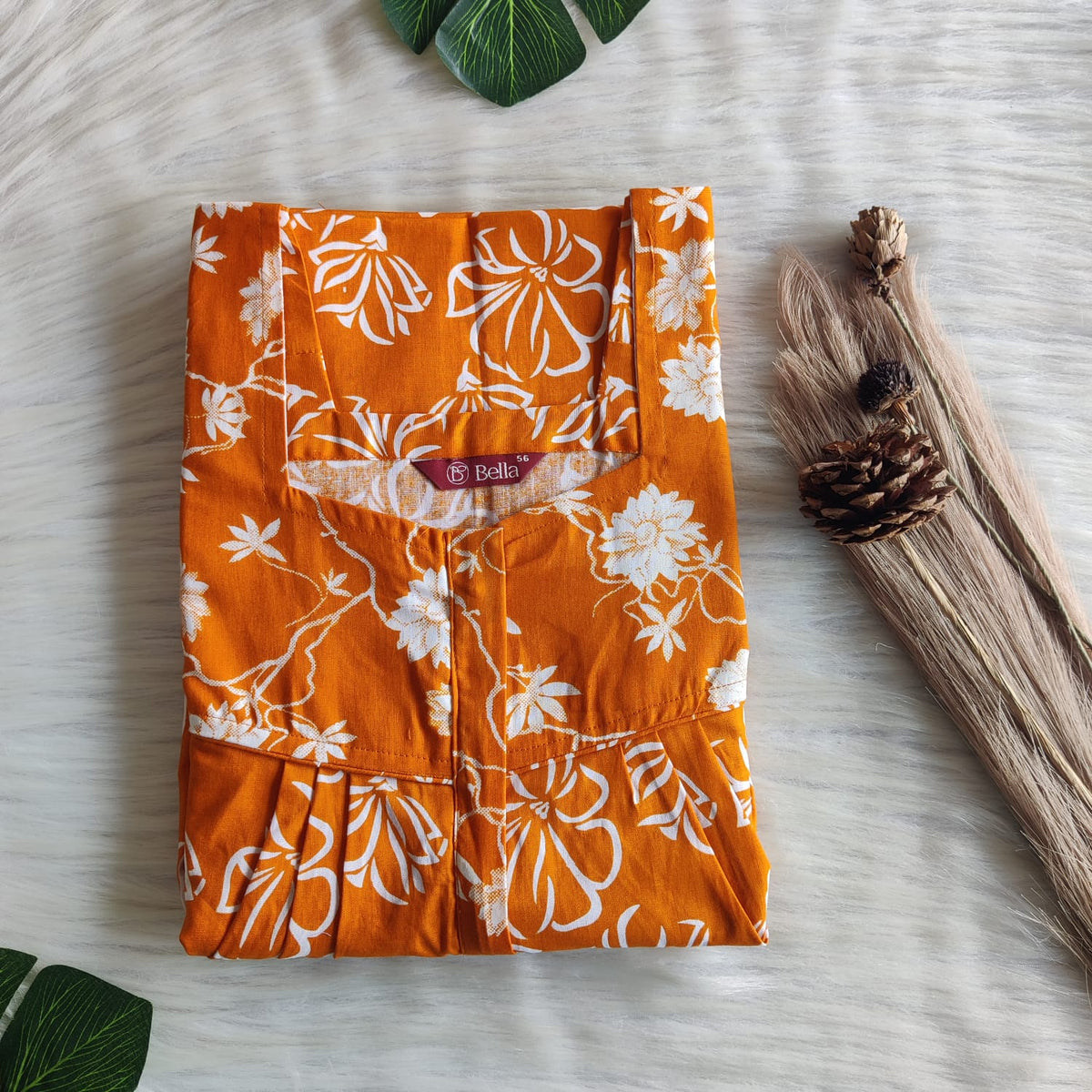 White And Orange Floral Printed Premium Cotton Square Neck Pleated Nighty | Free Size | Chest Width 44″| Length 55″-56″