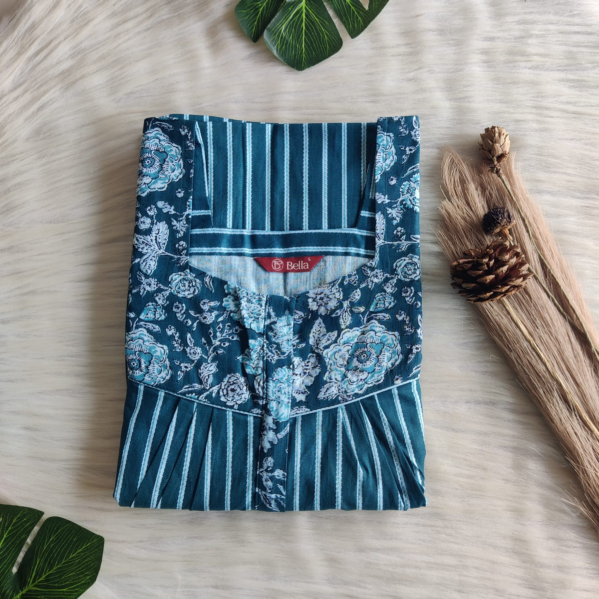 White And Teal Blue Printed Premium Cotton Square Neck Pleated Nighty | Free Size | Chest Width 44″| Length 55″-56″