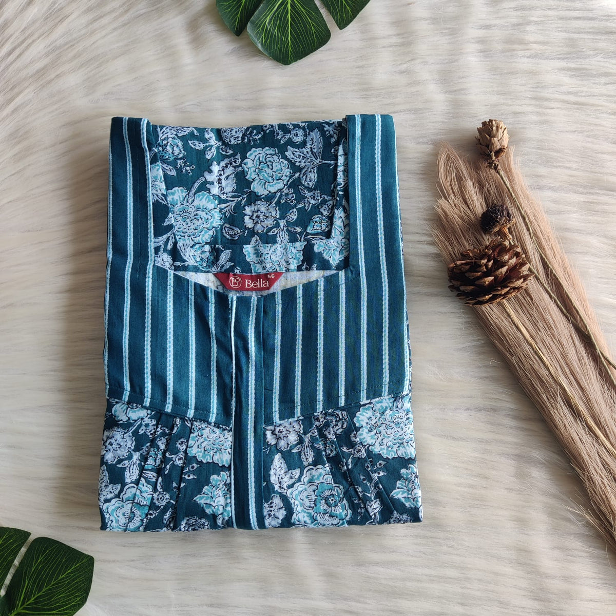 Teal Blue And White Floral Printed Premium Cotton Square Neck Pleated Nighty | Free Size | Chest Width 44″| Length 55″-56″
