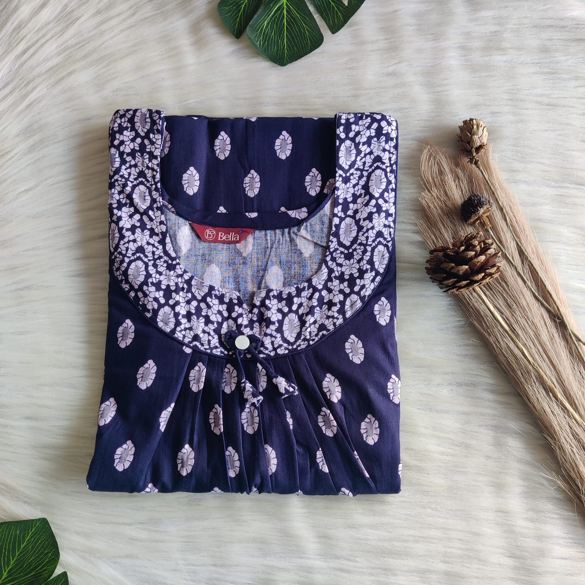 White And Navy Blue Printed Premium Cotton No Zip Pleated Nighty | Free Size | Chest Width 44″| Length 55″-56″