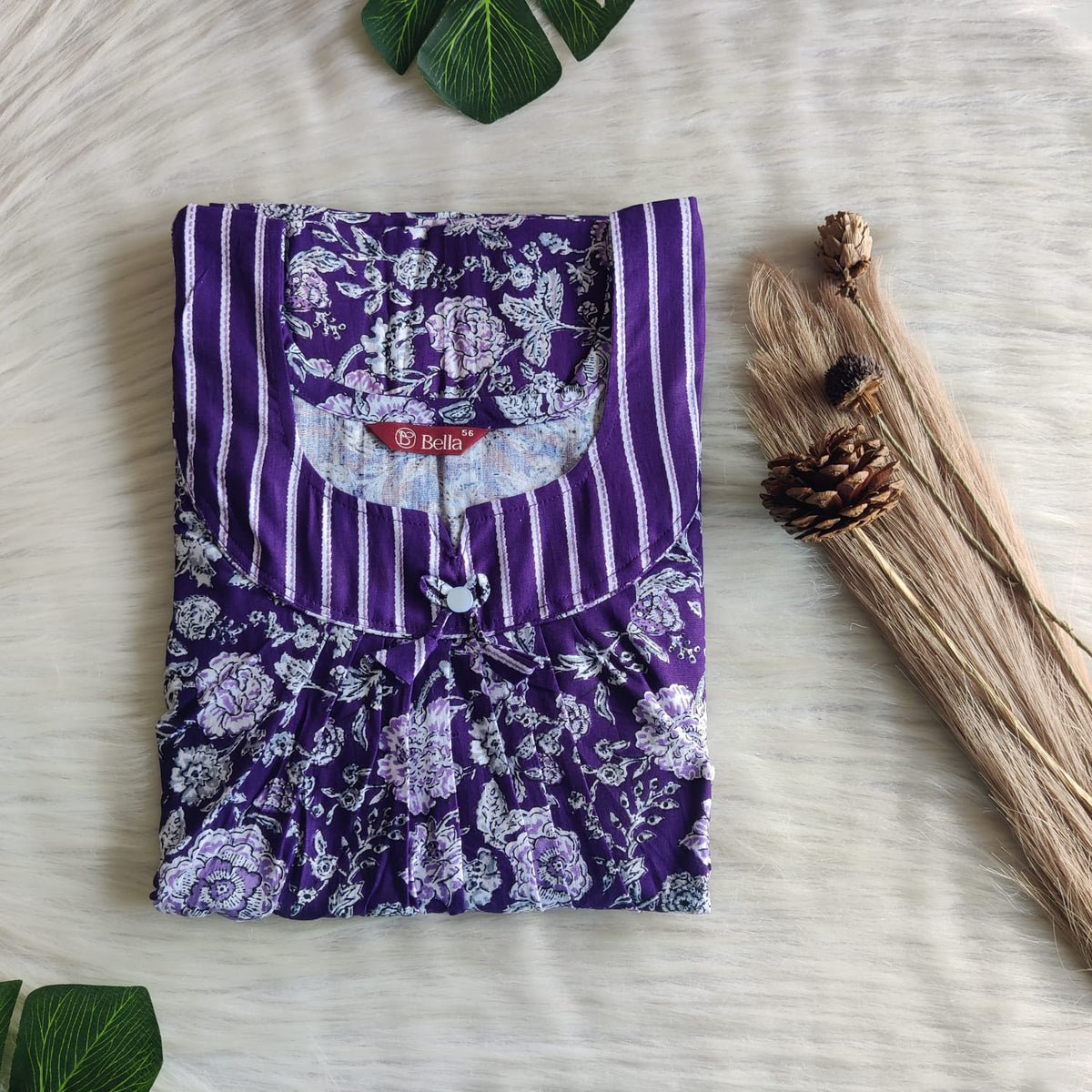Purple And White Floral Printed Premium Cotton No Zip Pleated Nighty | Free Size | Chest Width 44″| Length 55″-56″