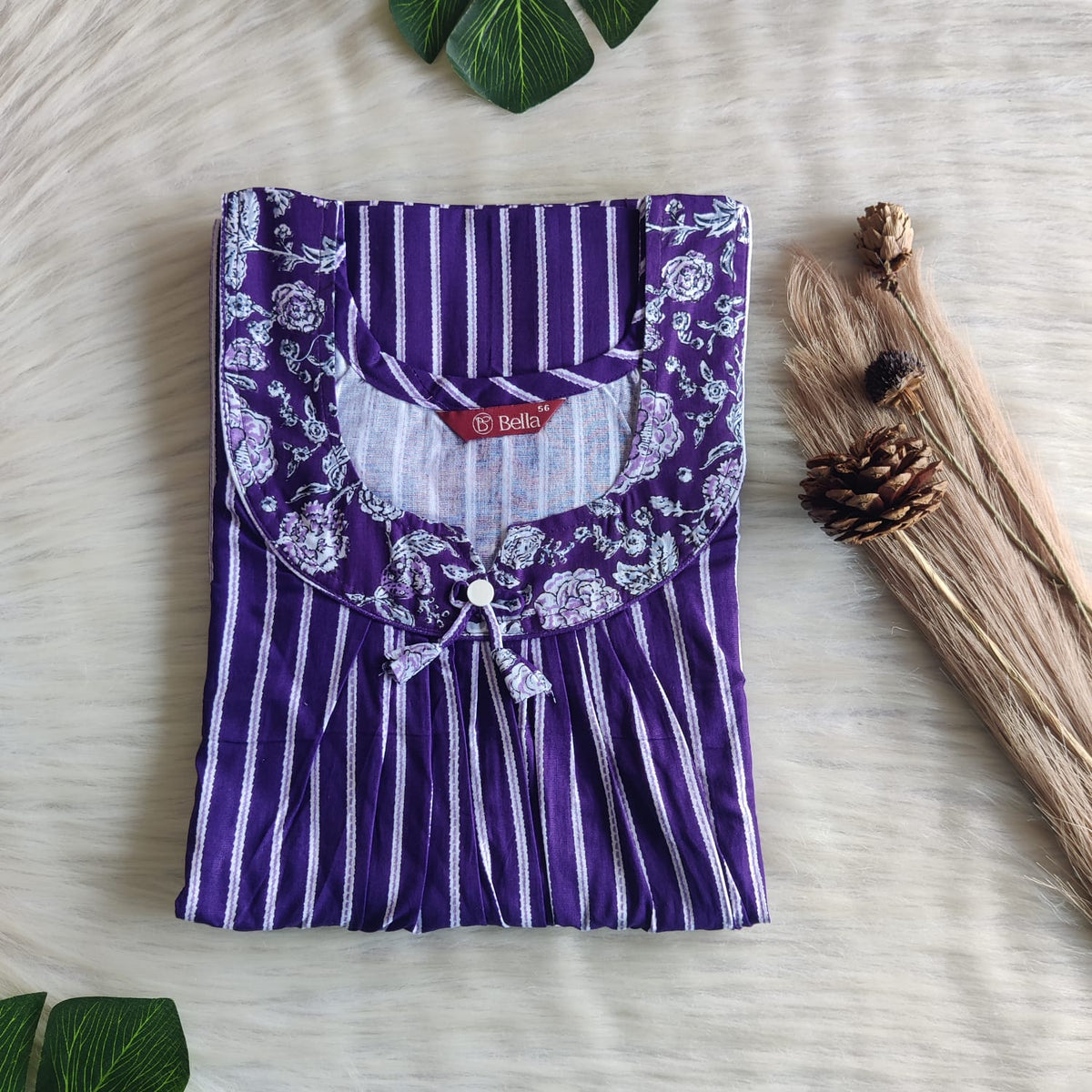 White And Purple Stripes Printed Premium Cotton No Zip Pleated Nighty | Free Size | Chest Width 44″| Length 55″-56″