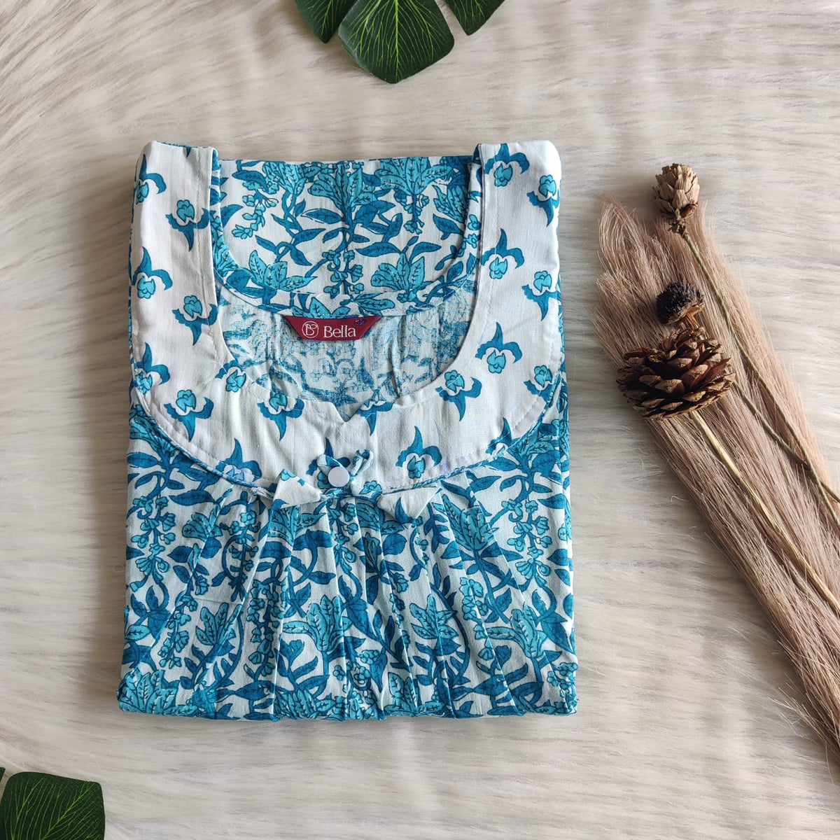 White And Blue Floral Printed Premium Cotton No Zip Pleated Nighty | Free Size | Chest Width 44″| Length 55″-56″