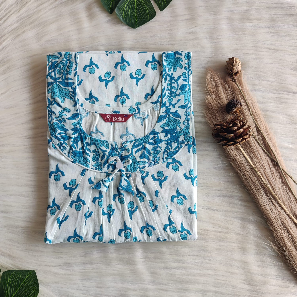 Blue And White Floral Printed Premium Cotton No Zip Pleated Nighty | Free Size | Chest Width 44″| Length 55″-56″