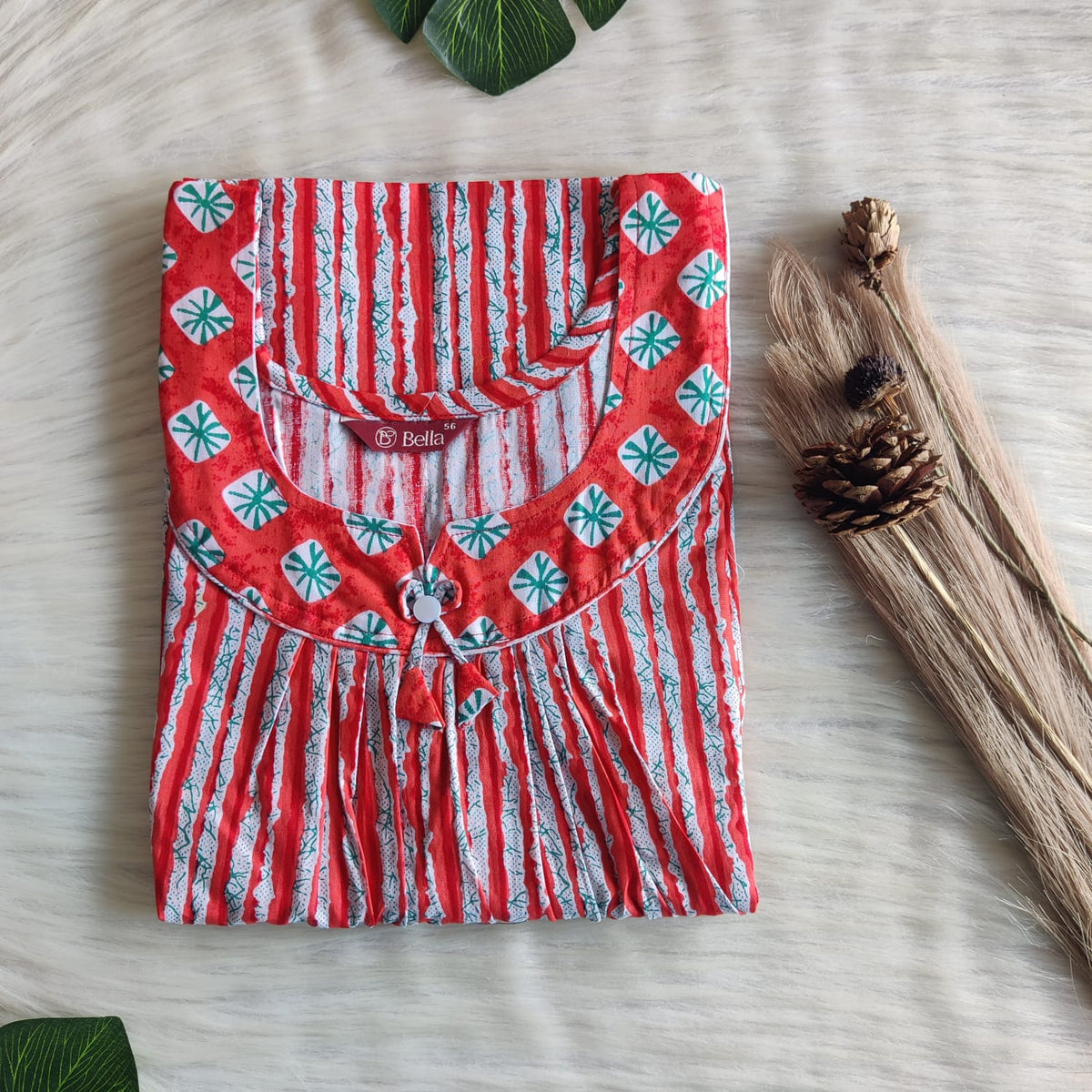 Green And Red Stripes Printed Premium Cotton No Zip Pleated Nighty | Free Size | Chest Width 44″| Length 55″-56″