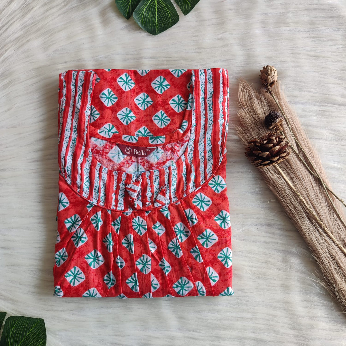 Red And Green Printed Premium Cotton No Zip Pleated Nighty | Free Size | Chest Width 44″| Length 55″-56″
