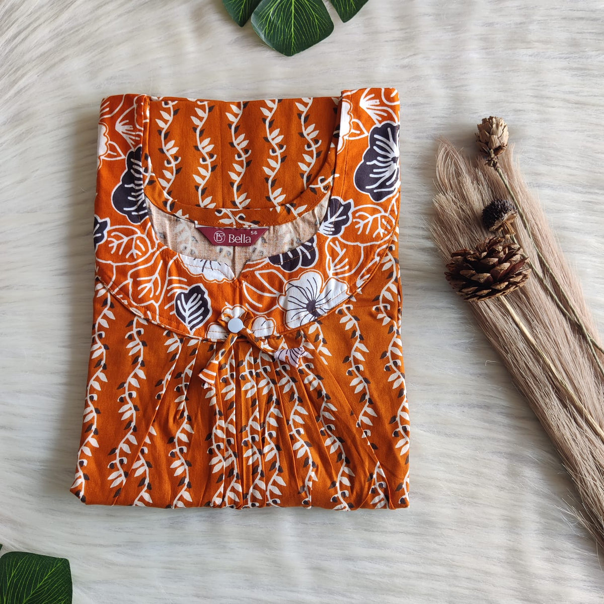Black And Orange Printed Premium Cotton No Zip Pleated Nighty | Free Size | Chest Width 44″| Length 55″-56″