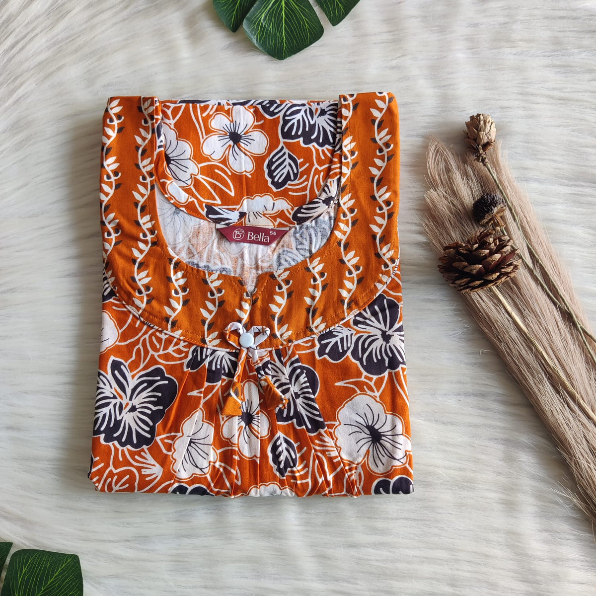 Orange And Black Floral Printed Premium Cotton No Zip Pleated Nighty | Free Size | Chest Width 44″| Length 55″-56″