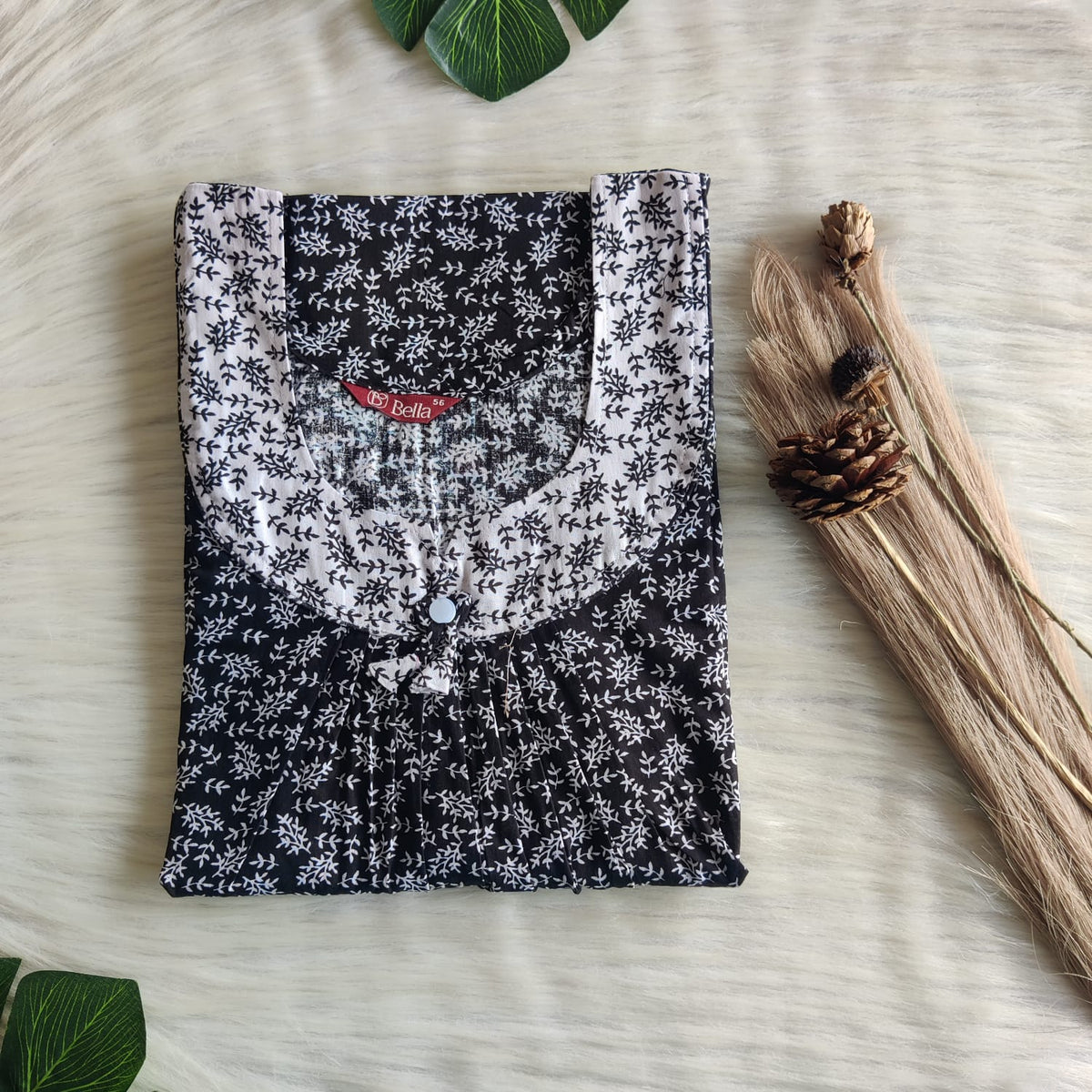 Grey And Black Printed Premium Cotton No Zip Pleated Nighty | Free Size | Chest Width 44″| Length 55″-56″