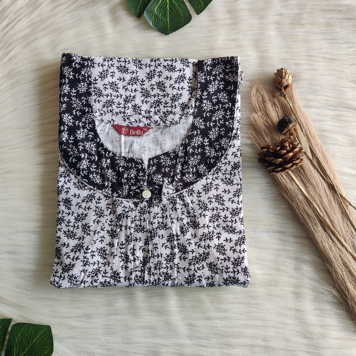 Black And White Printed Premium Cotton No Zip Pleated Nighty | Free Size | Chest Width 44″| Length 55″-56″