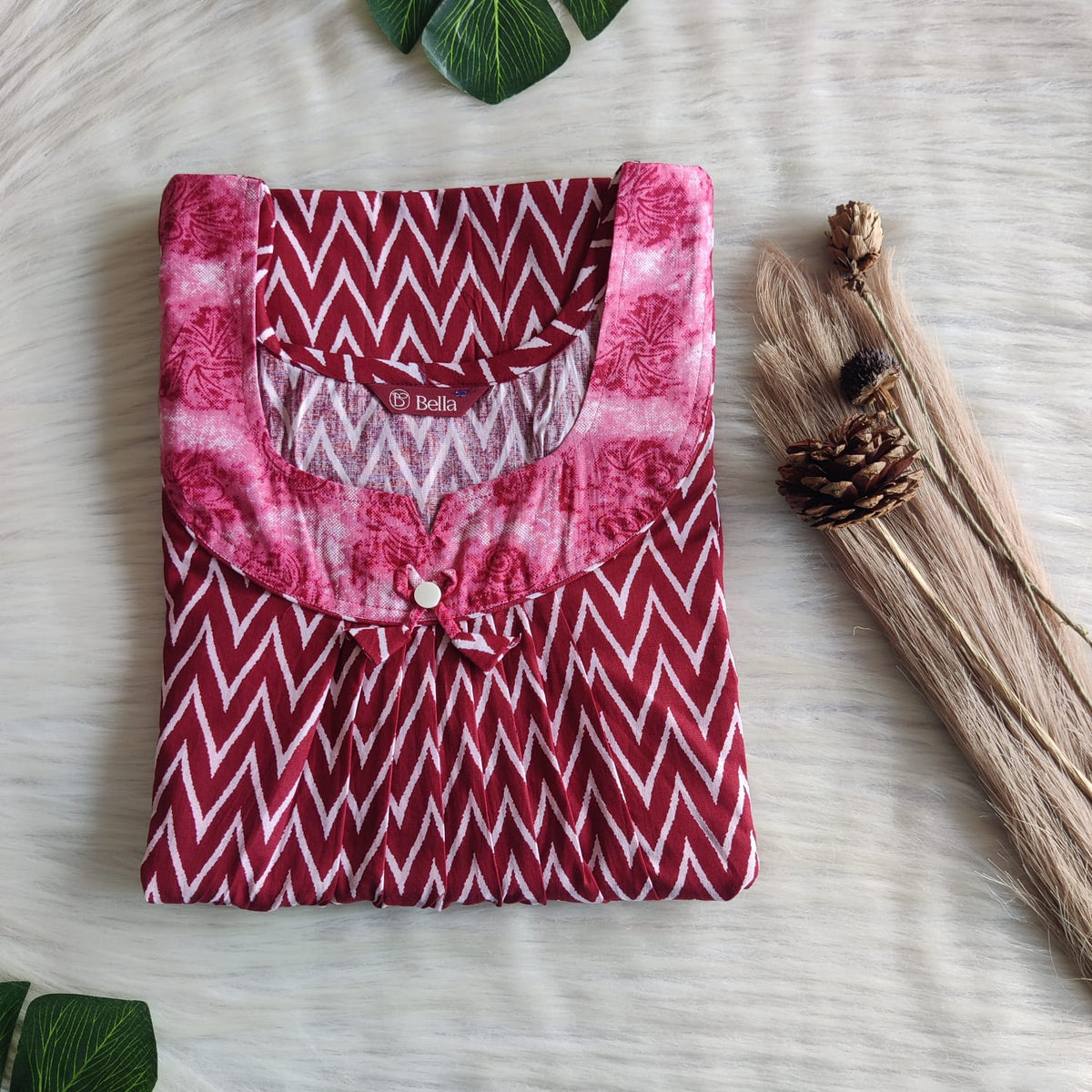 Pale And Dark Maroon Zigzag Printed Premium Cotton No Zip Pleated Nighty | Free Size | Chest Width 44″| Length 55″-56″