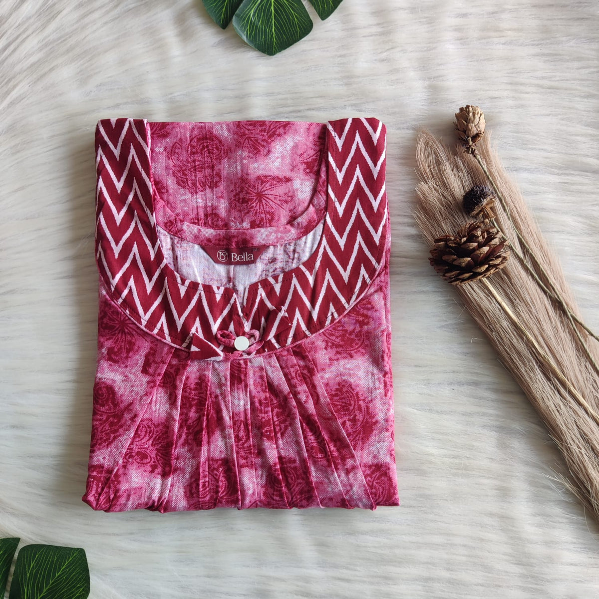 Dark And Pale Maroon Printed Premium Cotton No Zip Pleated Nighty | Free Size | Chest Width 44″| Length 55″-56″