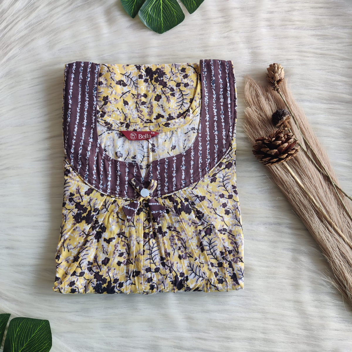 Coffee Brown And Yellow Floral Printed Premium Cotton No Zip Pleated Nighty | Free Size | Chest Width 44″| Length 55″-56″