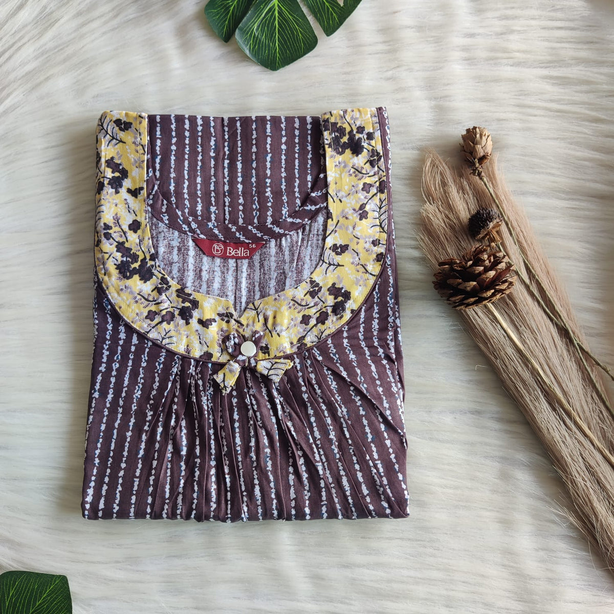 Yellow And Coffee Brown Printed Premium Cotton No Zip Pleated Nighty | Free Size | Chest Width 44″| Length 55″-56″