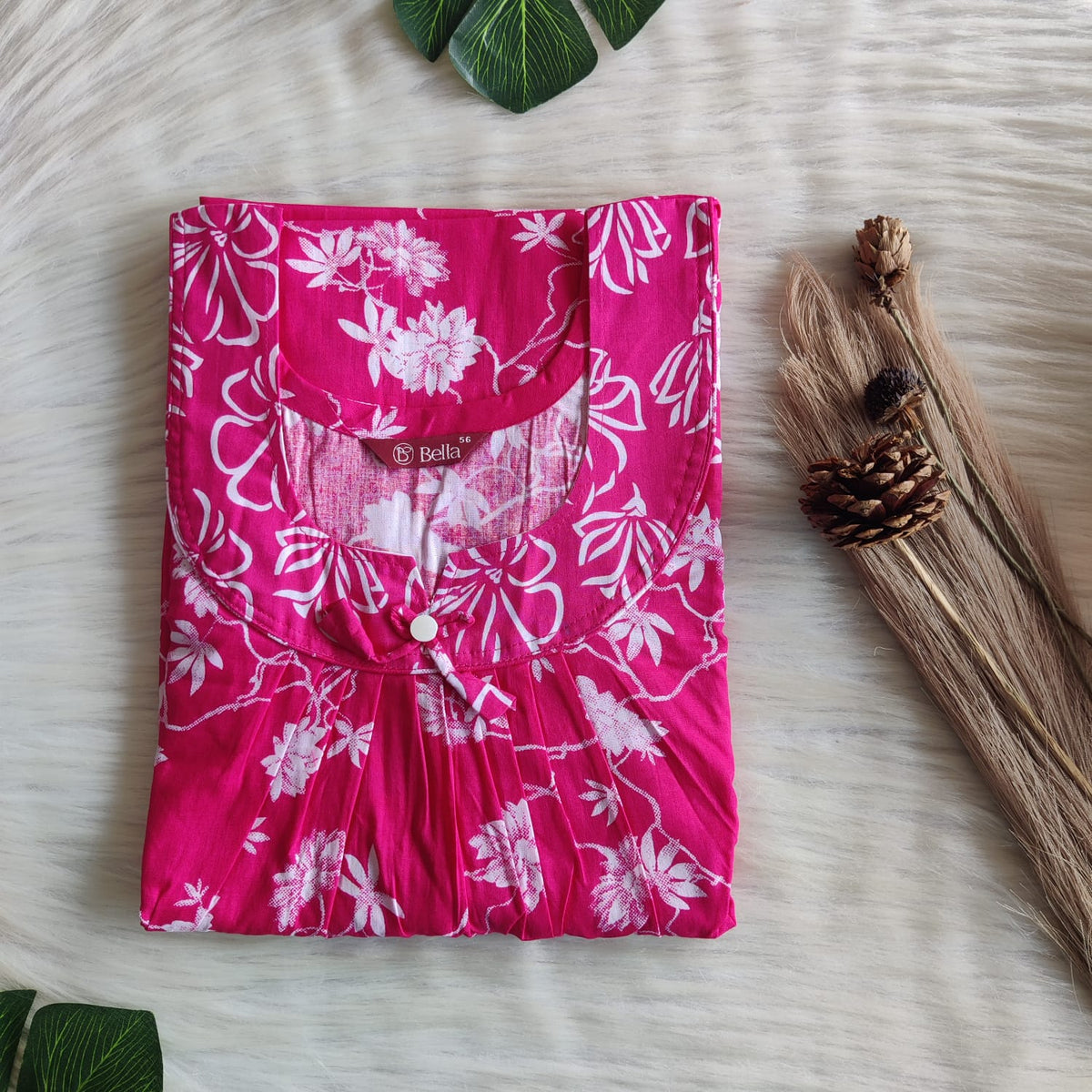 Pink And White Floral Printed Premium Cotton No Zip Pleated Nighty | Free Size | Chest Width 44″| Length 55″-56″