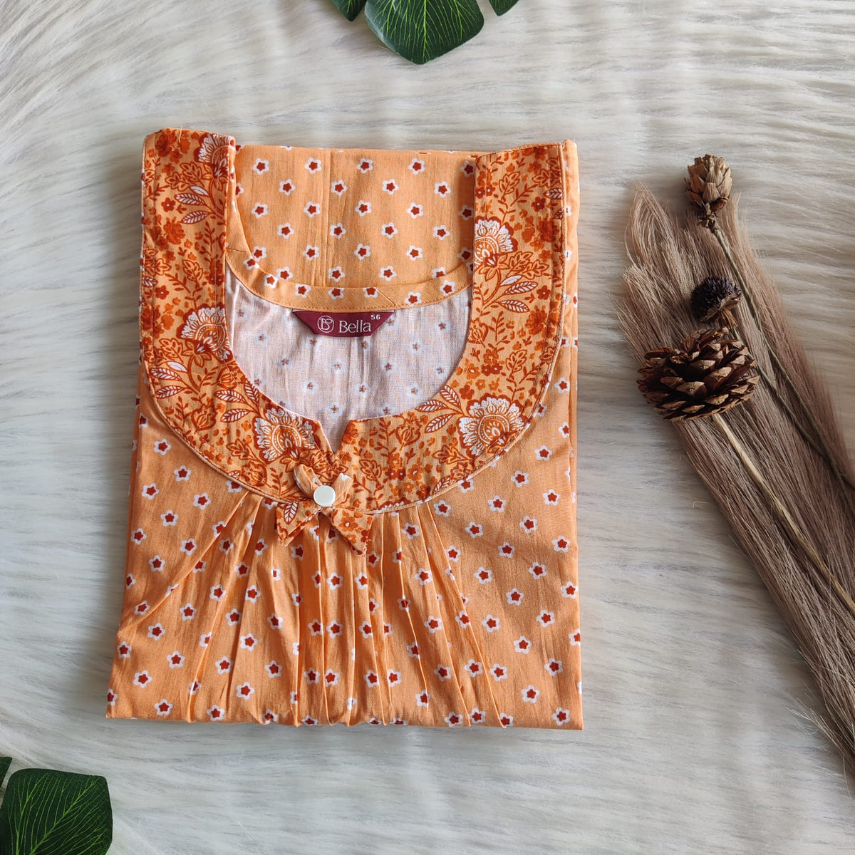 Dark And Pale Orange Printed Premium Cotton No Zip Pleated Nighty | Free Size | Chest Width 44″| Length 55″-56″