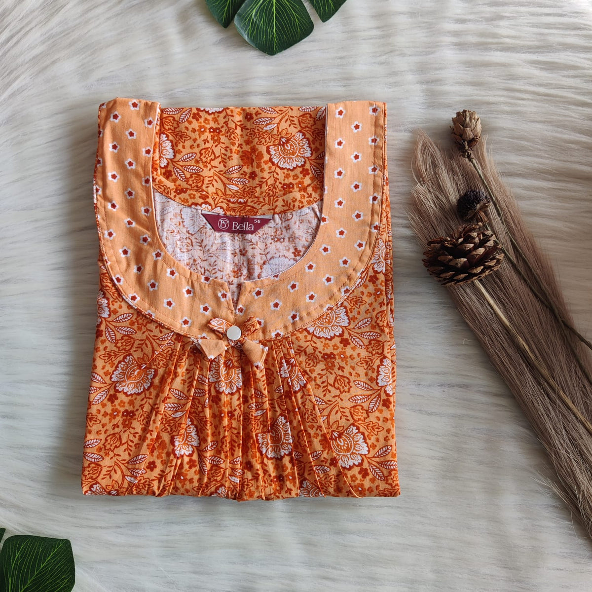Pale And Dark Orange Printed Premium Cotton No Zip Pleated Nighty | Free Size | Chest Width 44″| Length 55″-56″