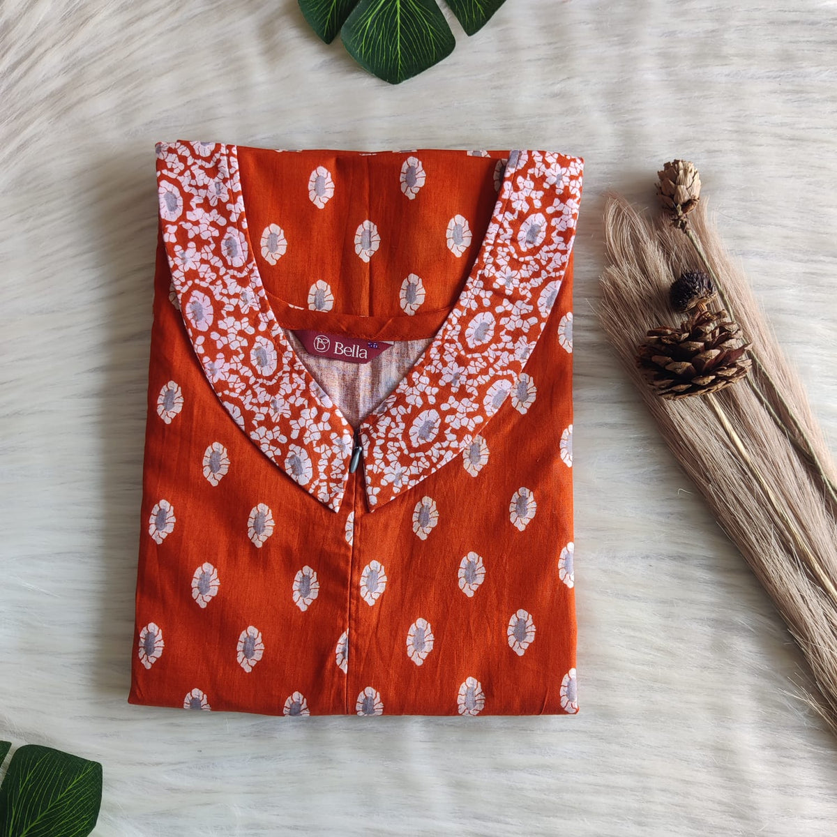 White And Brown Printed Premium Cotton Peter Pan Collar Long Zip Feeding Nighty | Free Size | Chest Width 44″| Length 56″