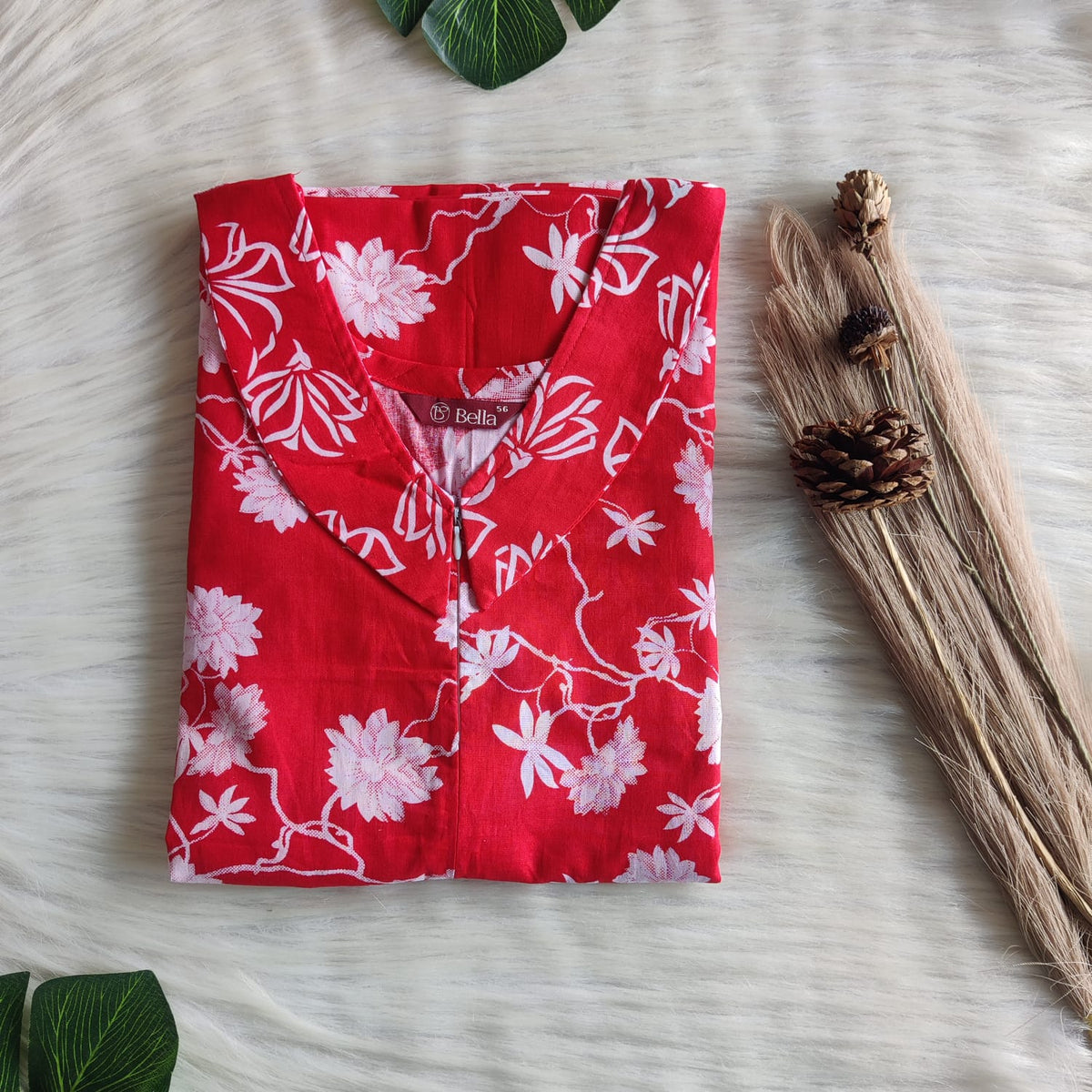 Red And White Floral Printed Premium Cotton Peter Pan Collar Long Zip Feeding Nighty | Free Size | Chest Width 44″| Length 56″