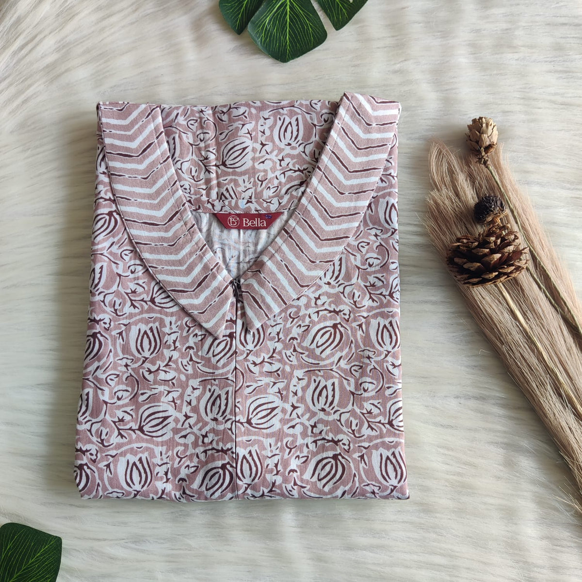 Pastel Brown And White Floral Printed Premium Cotton Peter Pan Collar Long Zip Feeding Nighty | Free Size | Chest Width 44″| Length 56″