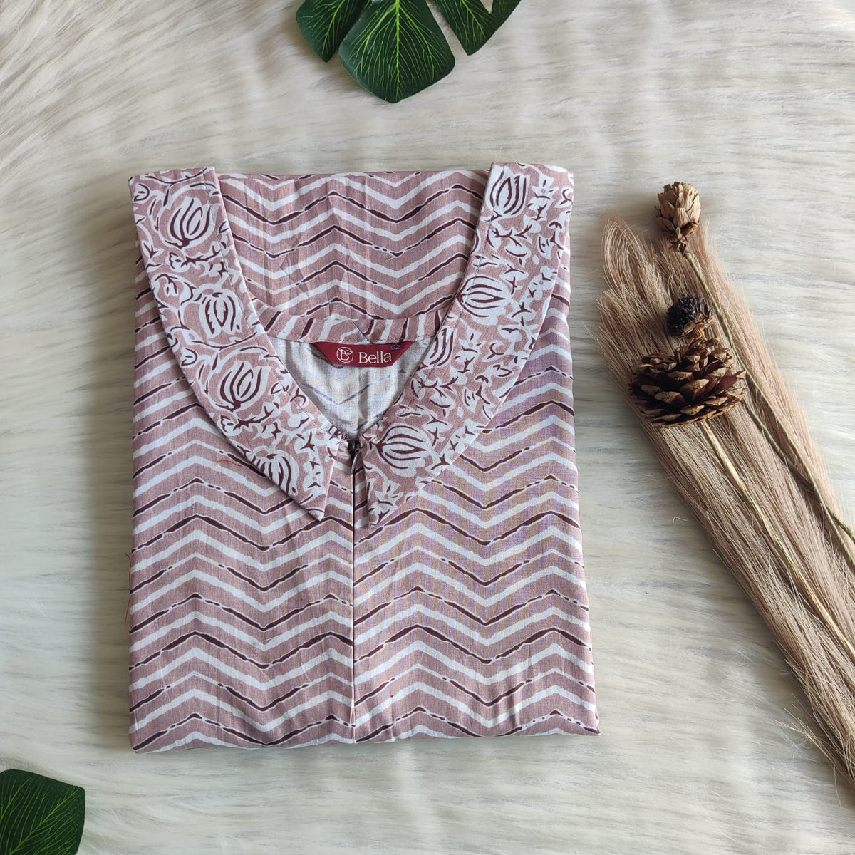 White And Pastel Brown Zig Zag Printed Premium Cotton Peter Pan Collar Long Zip Feeding Nighty | Free Size | Chest Width 44″| Length 56″