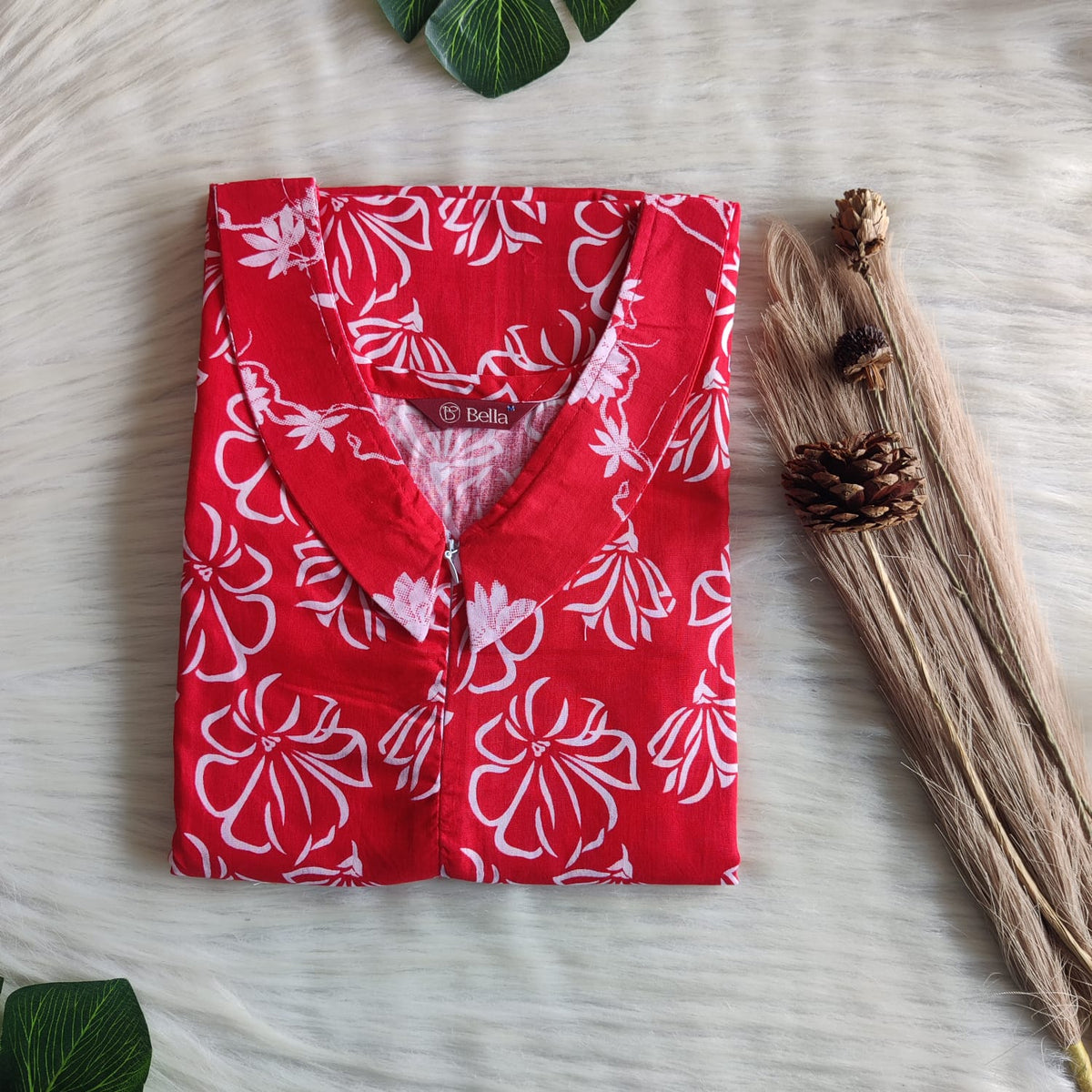 White And Red Printed Premium Cotton Peter Pan Collar Long Zip Feeding Nighty | Free Size | Chest Width 44″| Length 56″