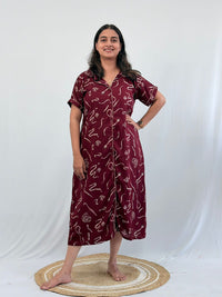 Maroon Printed Alpine Full Open Long Polo Shirt Dress | Side Pocket | Free Size | Chest Width 44″| Length 44″