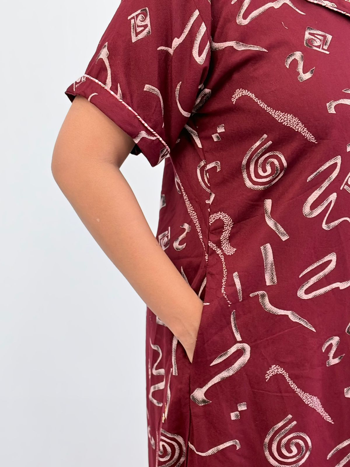 Maroon Printed Alpine Full Open Long Polo Shirt Dress | Side Pocket | Free Size | Chest Width 44″| Length 44″