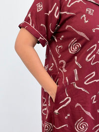 Maroon Printed Alpine Full Open Long Polo Shirt Dress | Side Pocket | Free Size | Chest Width 44″| Length 44″
