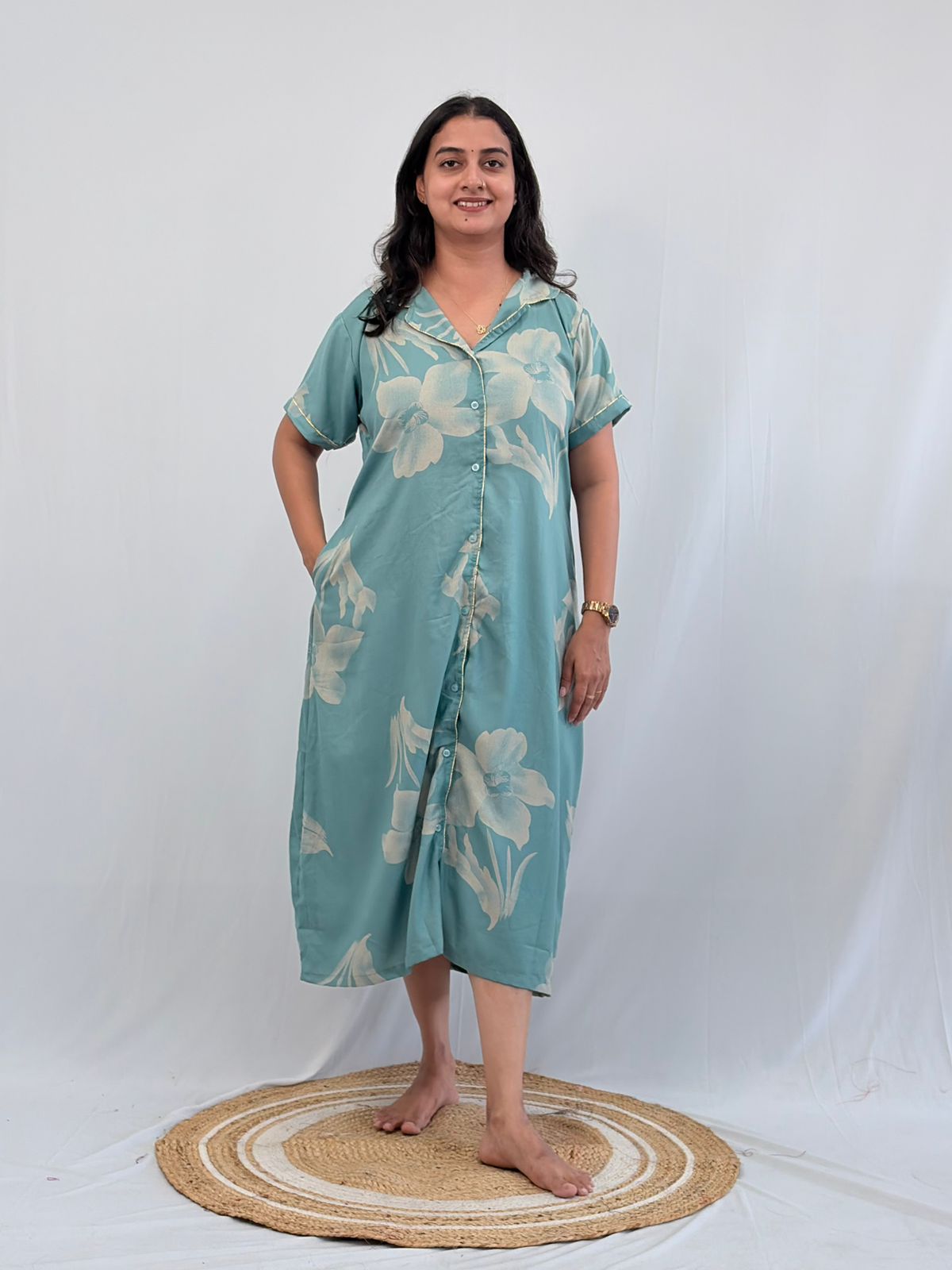 Pastel Blue Floral Printed Alpine Full Open Long Polo Shirt Dress | Side Pocket | Free Size | Chest Width 44″| Length 44″