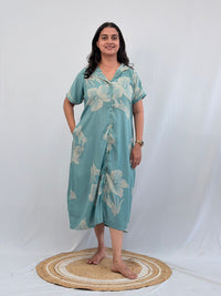 Pastel Blue Floral Printed Alpine Full Open Long Polo Shirt Dress | Side Pocket | Free Size | Chest Width 44″| Length 44″