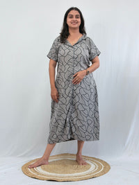 Grey Printed Alpine Full Open Long Polo Shirt Dress | Side Pocket | Free Size | Chest Width 44″| Length 44″