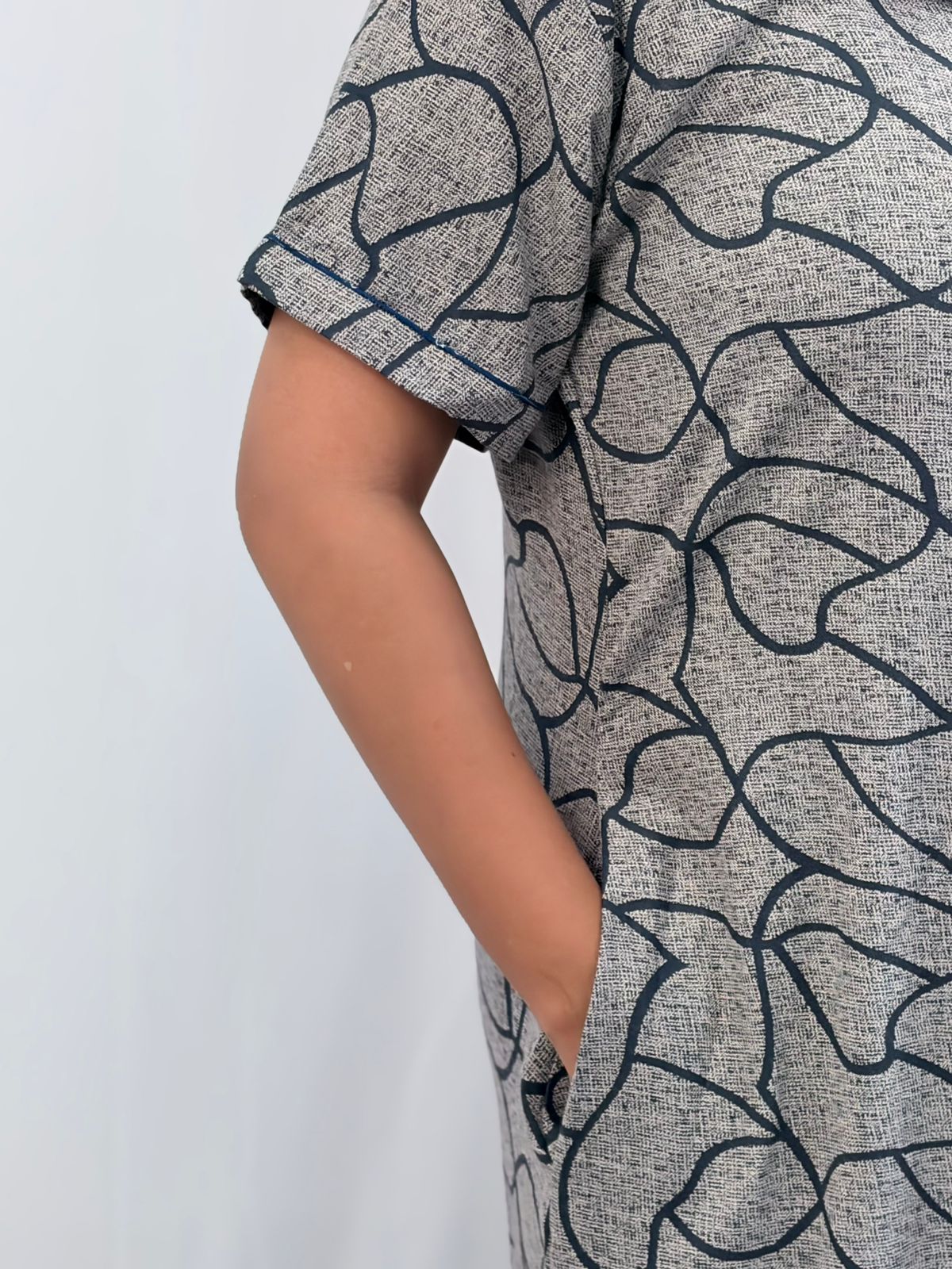 Grey Printed Alpine Full Open Long Polo Shirt Dress | Side Pocket | Free Size | Chest Width 44″| Length 44″