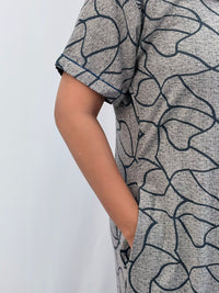 Grey Printed Alpine Full Open Long Polo Shirt Dress | Side Pocket | Free Size | Chest Width 44″| Length 44″