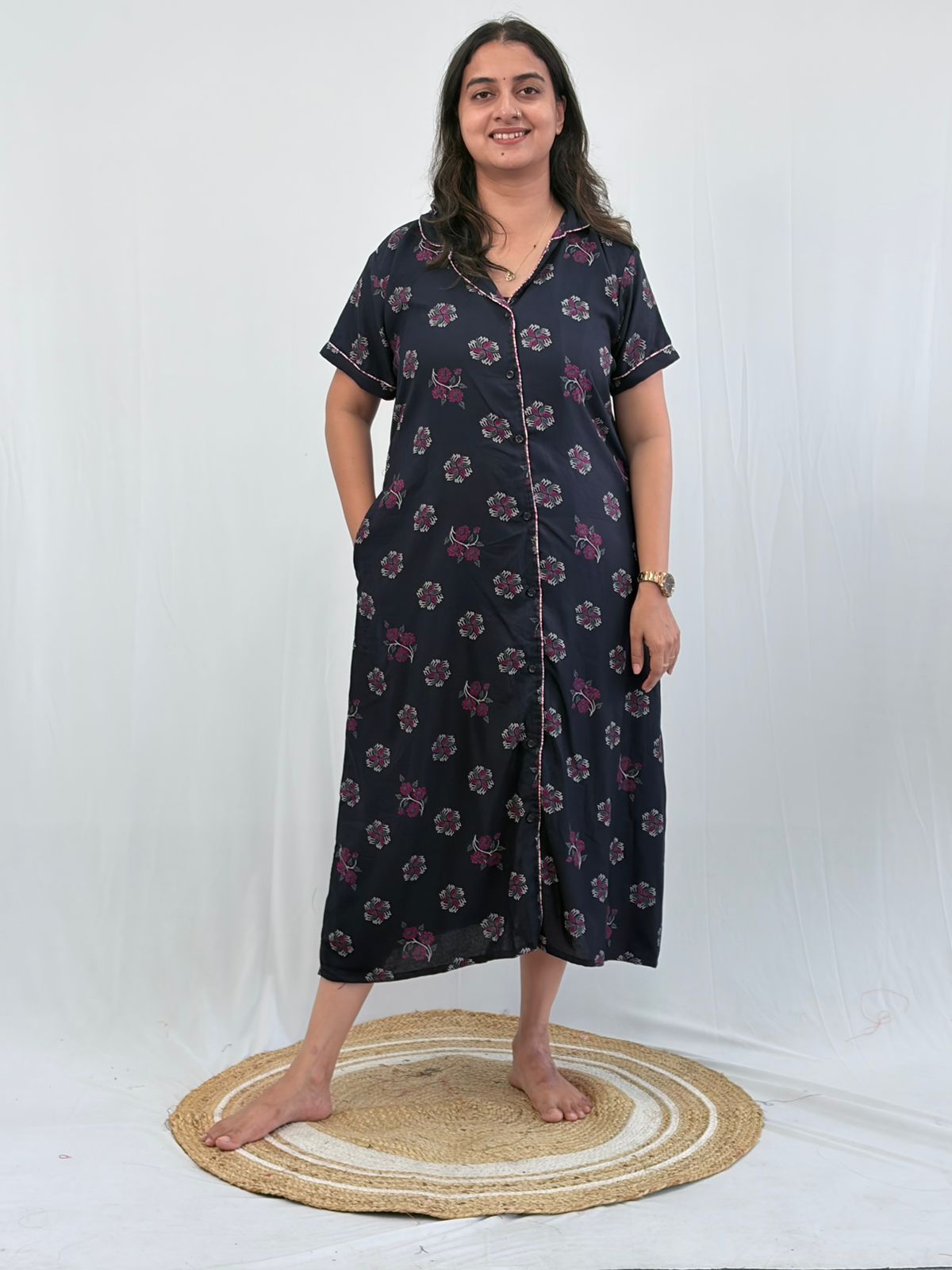 Navy-Blue Floral Printed Alpine Full Open Long Polo Shirt Dress | Side Pocket | Free Size | Chest Width 44″| Length 44″
