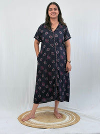 Navy-Blue Floral Printed Alpine Full Open Long Polo Shirt Dress | Side Pocket | Free Size | Chest Width 44″| Length 44″