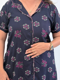 Navy-Blue Floral Printed Alpine Full Open Long Polo Shirt Dress | Side Pocket | Free Size | Chest Width 44″| Length 44″