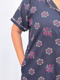 Navy-Blue Floral Printed Alpine Full Open Long Polo Shirt Dress | Side Pocket | Free Size | Chest Width 44″| Length 44″