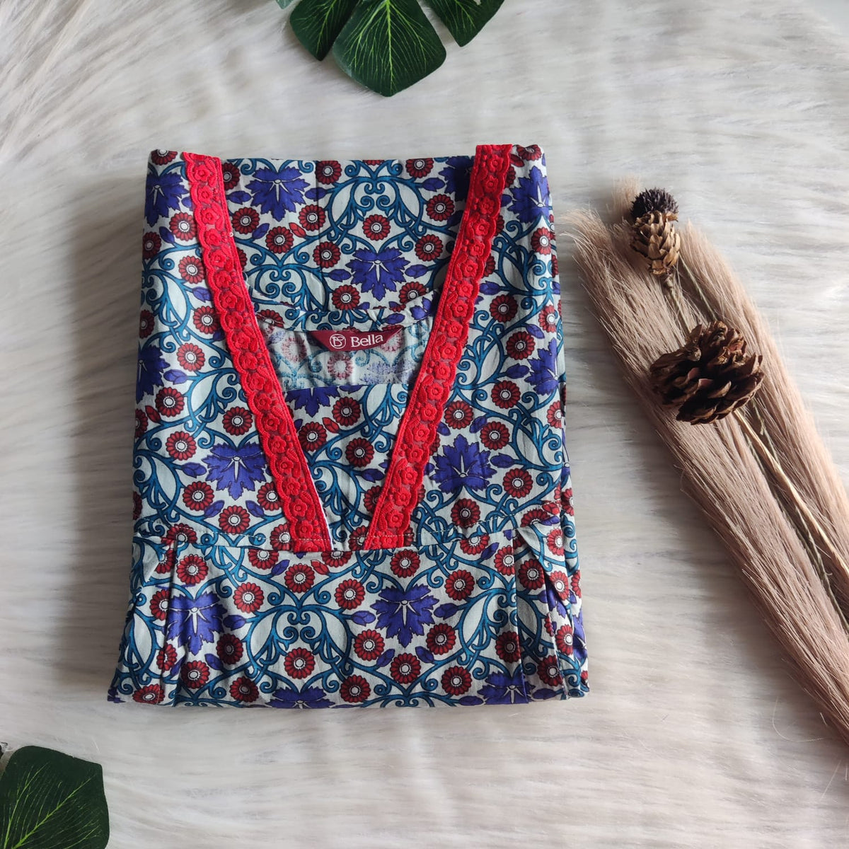 Blue And Red Floral Printed Premium Cotton Two Side Vertical Lace Zip Feeding Nighty | Free Size | Chest Width 44″| Length 56″