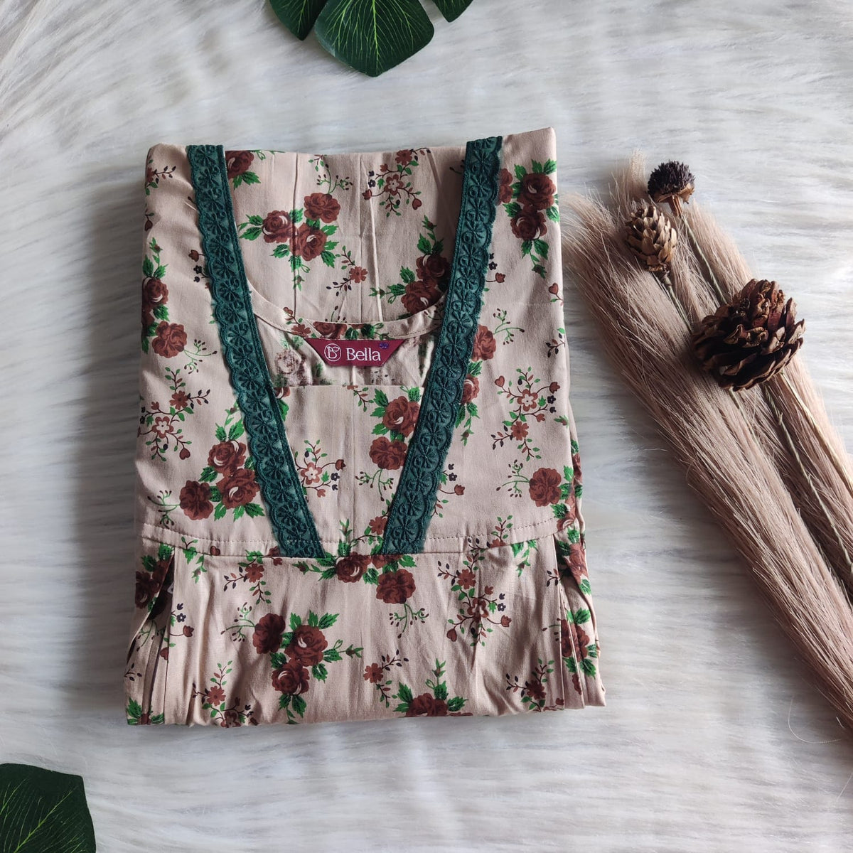 Pastel Brown And Green Printed Premium Cotton Two Side Vertical Lace Zip Feeding Nighty | Free Size | Chest Width 44″| Length 56″