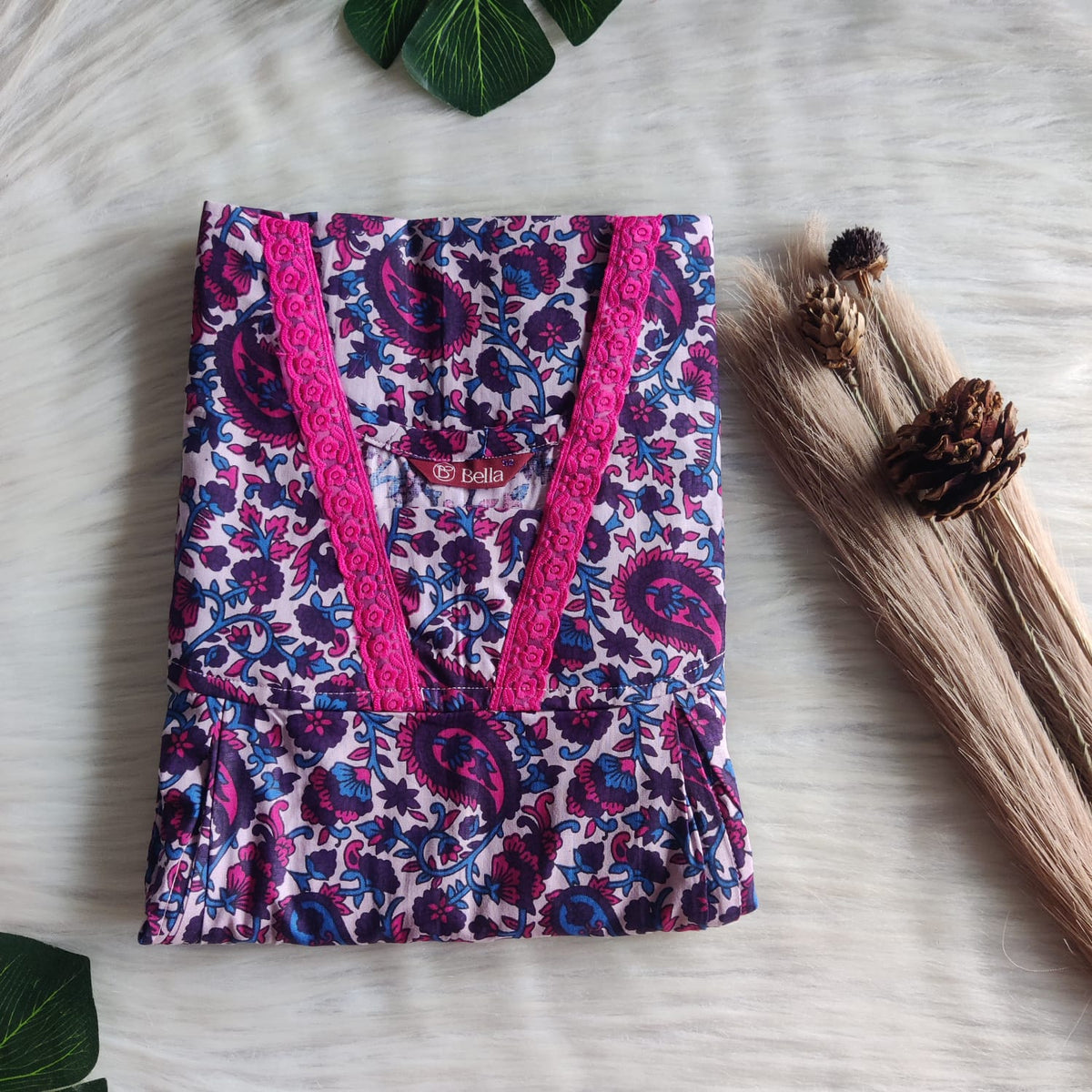 Blue And Pink Kalamkari Printed Premium Cotton Two Side Vertical Lace Zip Feeding Nighty | Free Size | Chest Width 44″| Length 56″