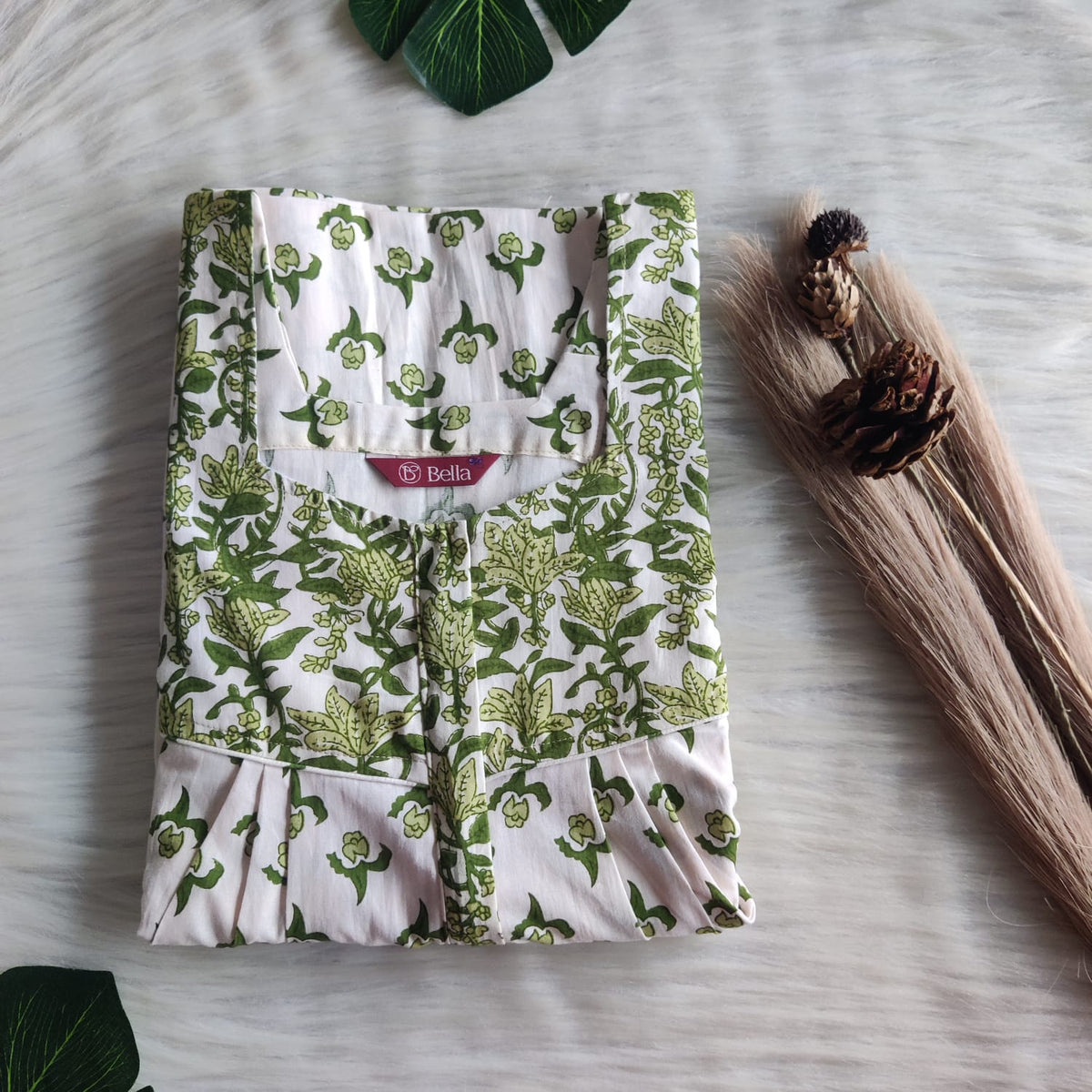 Green And White Floral Printed Premium Cotton Square Neck Pleated Nighty | Free Size | Chest Width 44″| Length 55″-56″