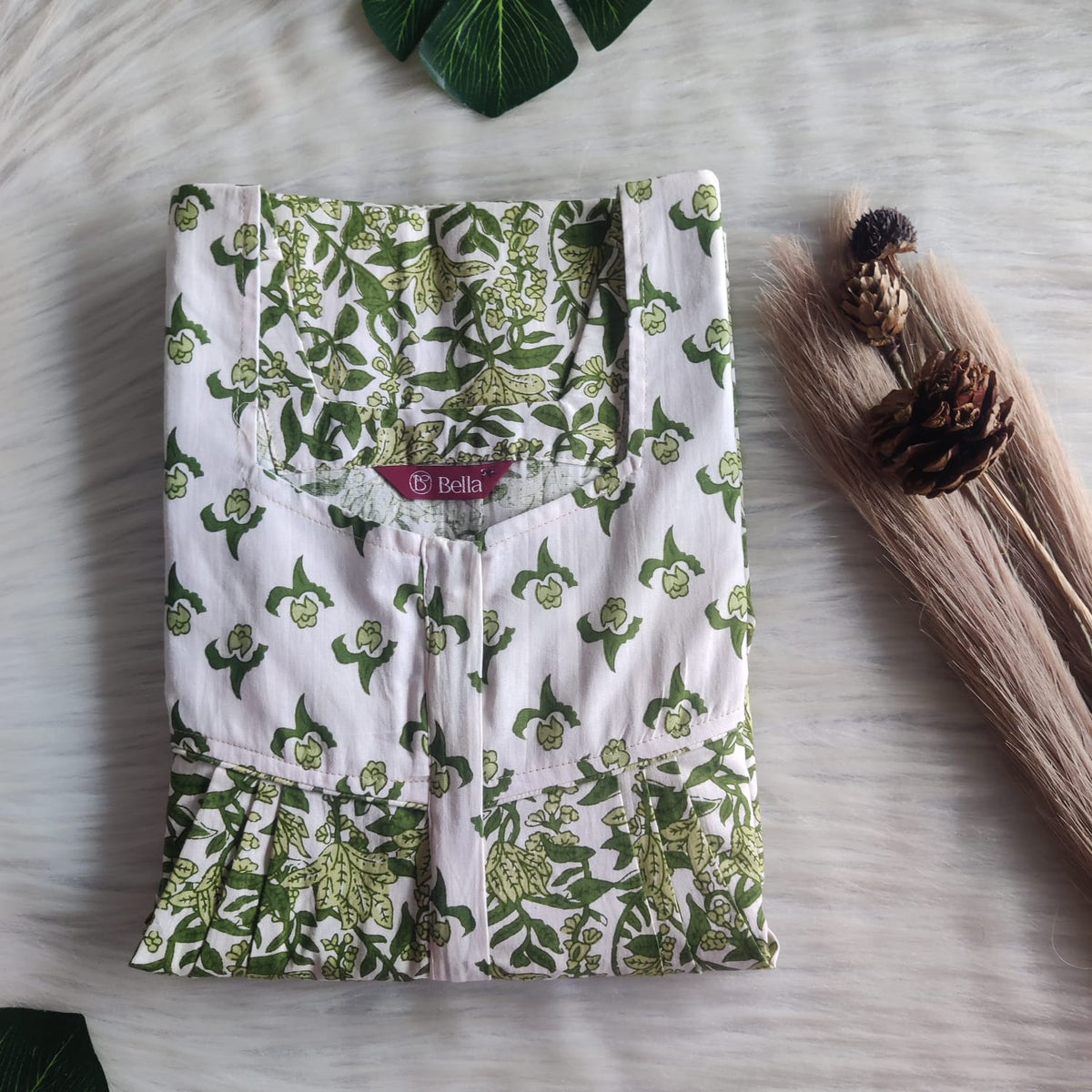 White And Green Floral Printed Premium Cotton Square Neck Pleated Nighty | Free Size | Chest Width 44″| Length 55″-56″