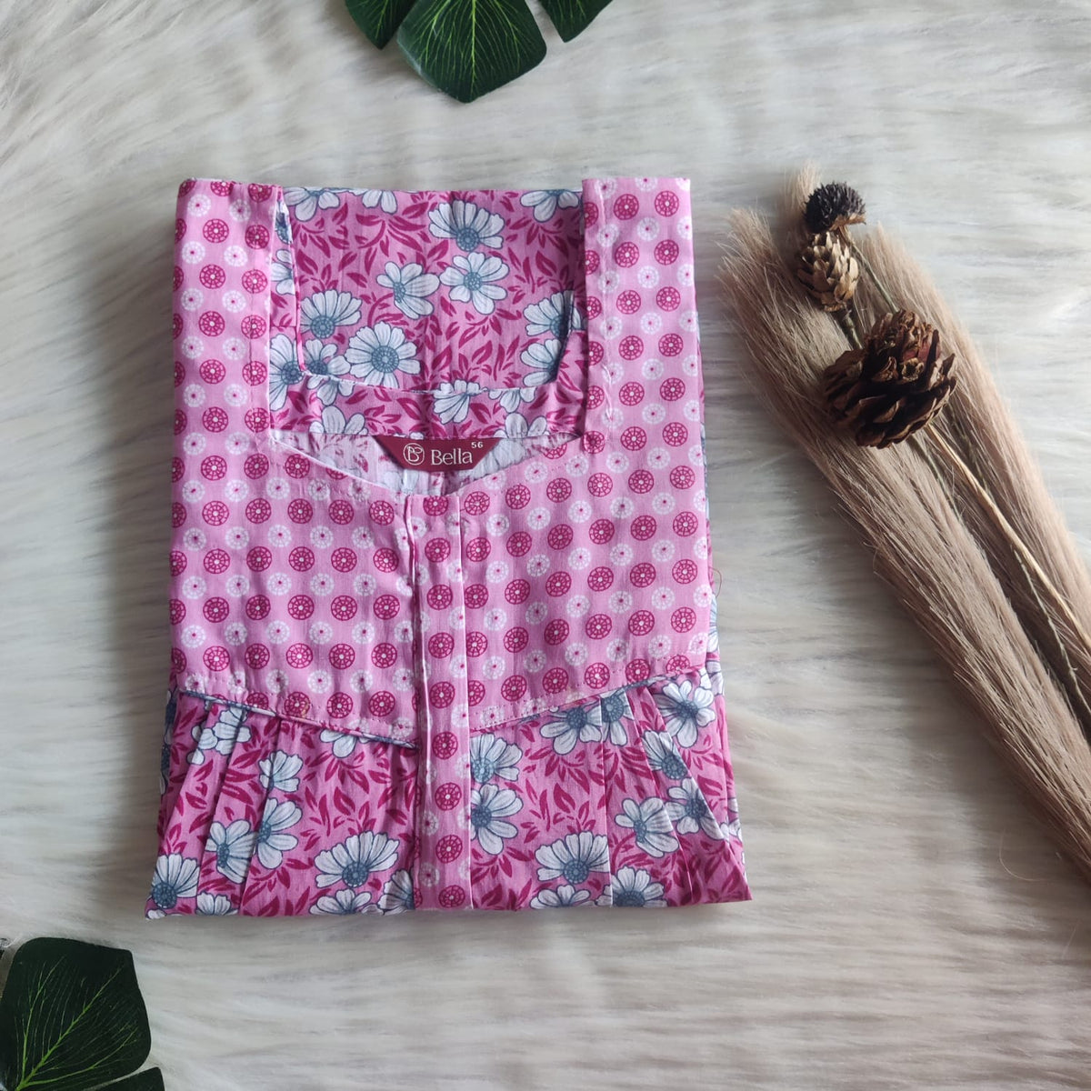 Pink And White Floral Printed Premium Cotton Square Neck Pleated Nighty | Free Size | Chest Width 44″| Length 55″-56″