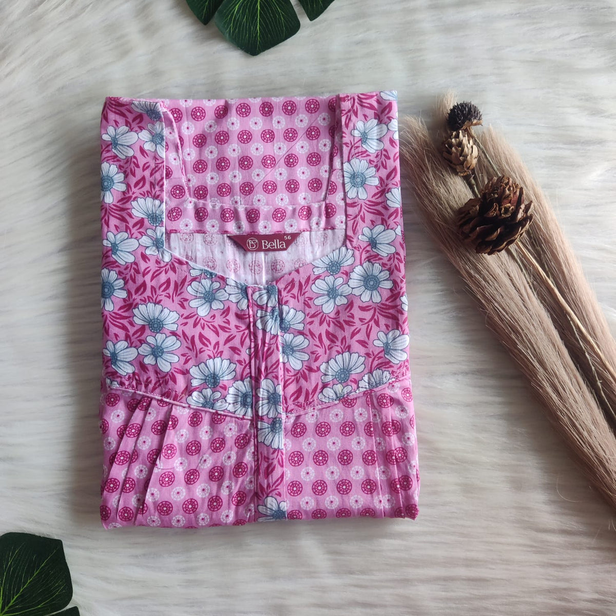 White And Pink Printed Premium Cotton Square Neck Pleated Nighty | Free Size | Chest Width 44″| Length 55″-56″